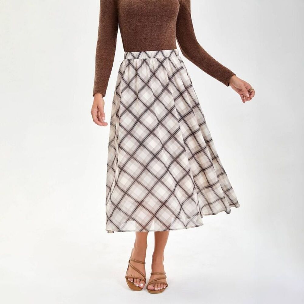Women's Chiffon A-Line Skirt - A New Day Beige Check S